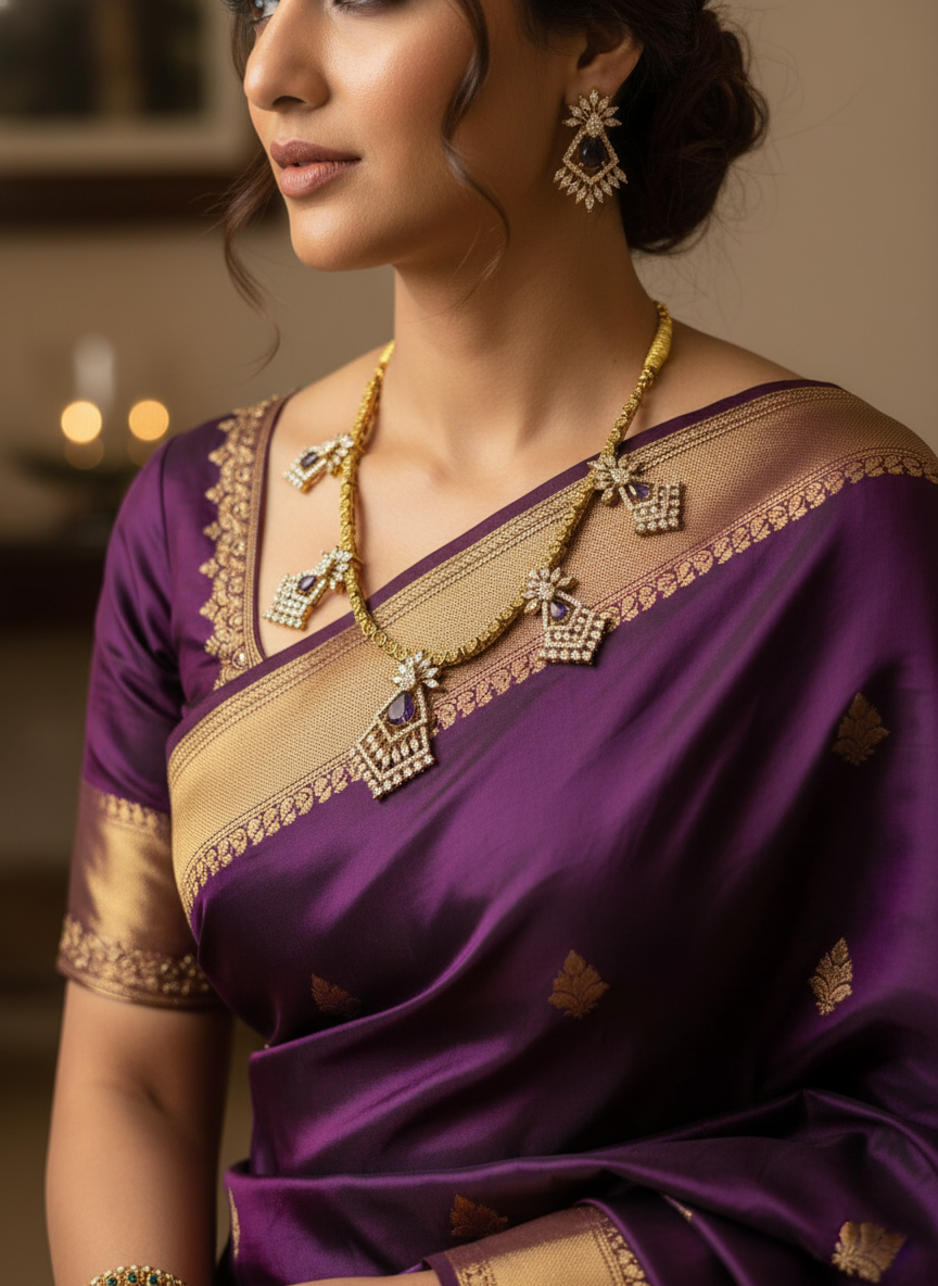 Luxurious Gold-Plated Necklace Set with Purple Amethyst & Sparkling CZ | Floral Geometric Design