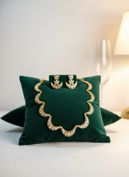 Elegant Gold Crescent Link Necklace Set | Uncut Stone Look (Polki/Kundan Style) & Matching Stud Earrings | Festive Jewelry