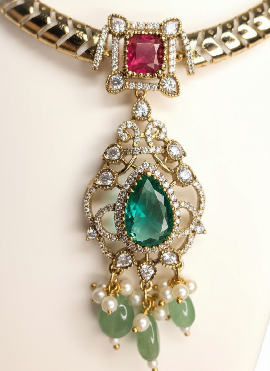 Traditional Ruby & Emerald Statement Pendant Necklace Set | Green Pearl Drop Earrings | Luxurious Festive Jewelry