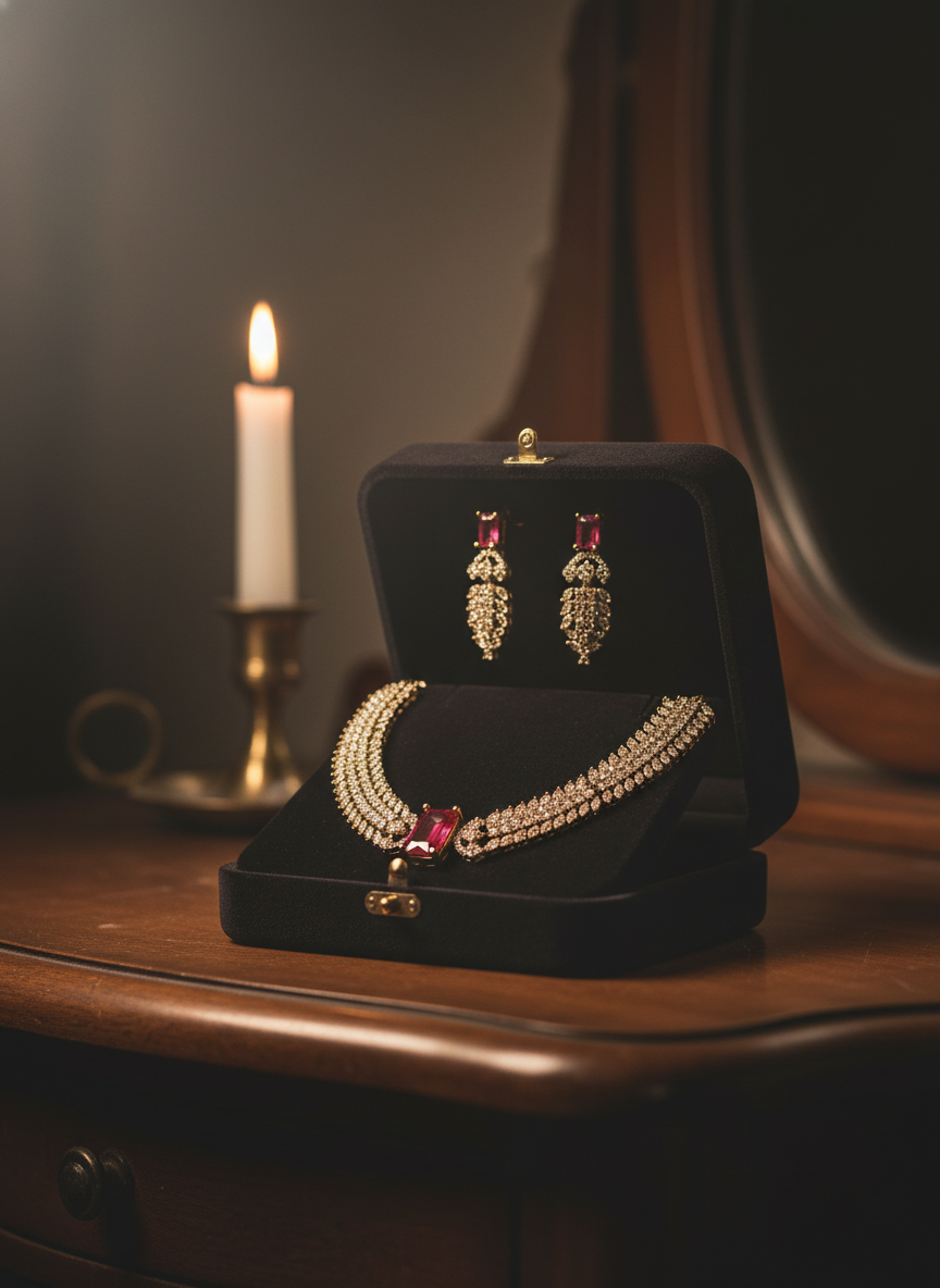 Luxury Ruby Pink CZ Tennis Necklace & Pave Crystal Set | Gold-Tone Festive Statement Jewelry