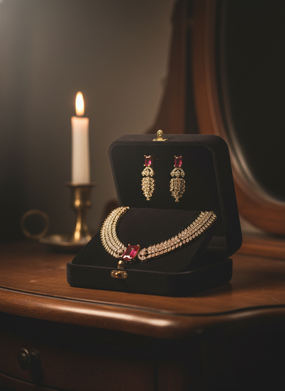 Luxury Ruby Pink CZ Tennis Necklace & Pave Crystal Set | Gold-Tone Festive Statement Jewelry