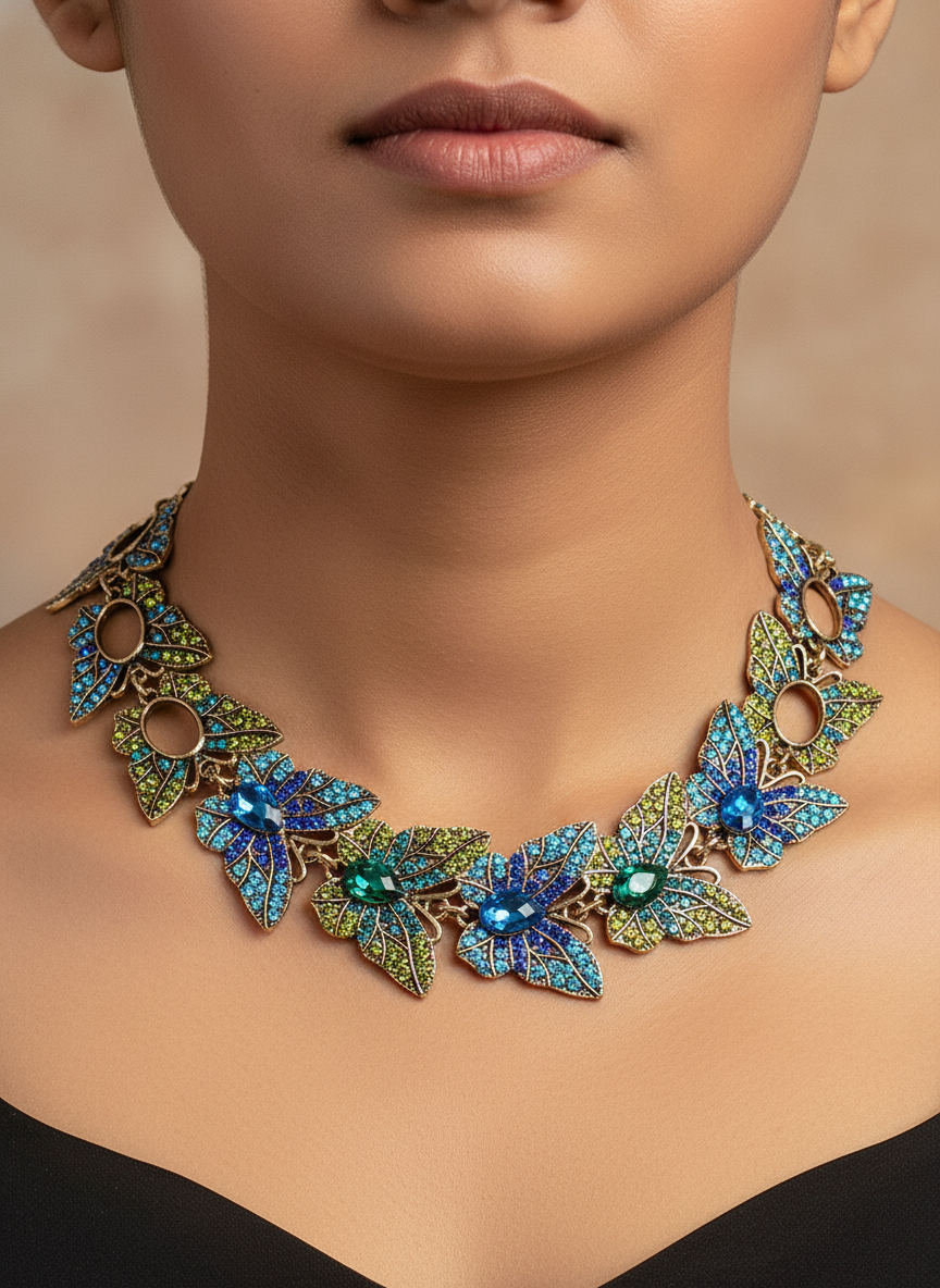 Vibrant Blue & Green Crystal Butterfly Choker Necklace