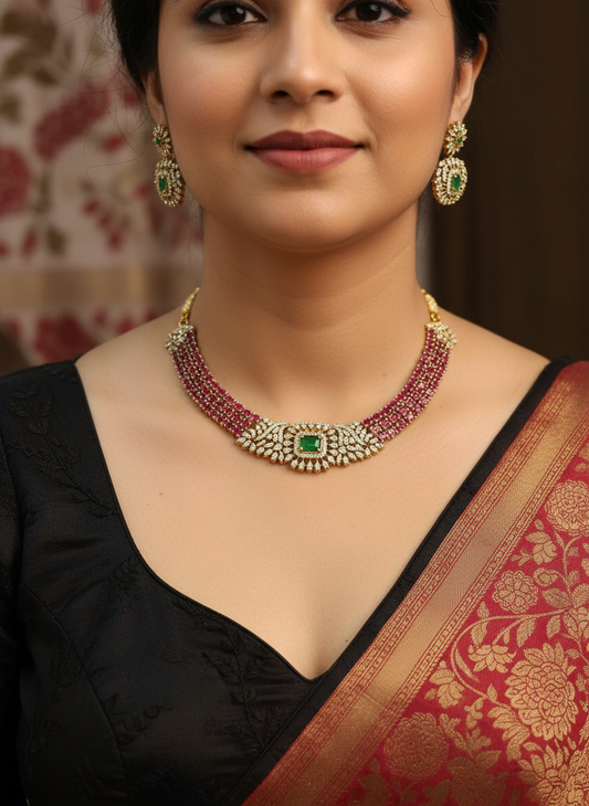 Royal Ruby & Emerald CZ Necklace Set | Gold-Plated American Diamond Bridal Jewelry