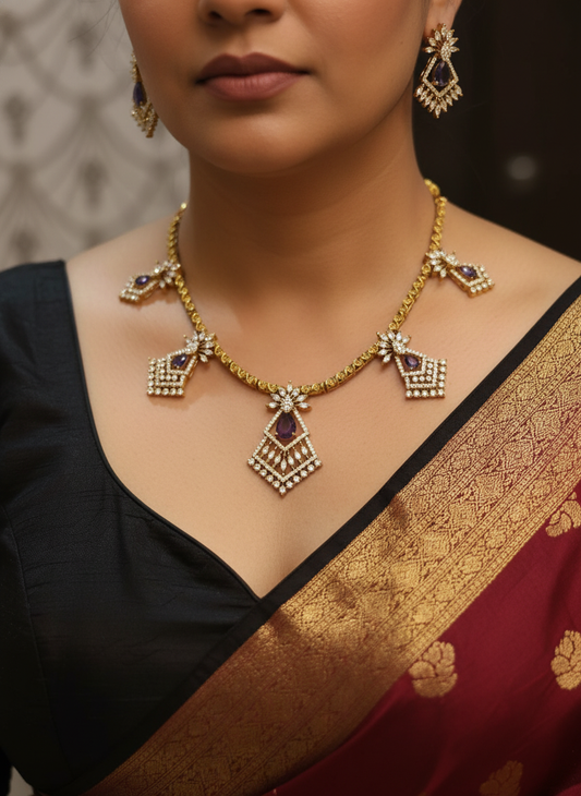 Luxurious Gold-Plated Necklace Set with Purple Amethyst & Sparkling CZ | Floral Geometric Design