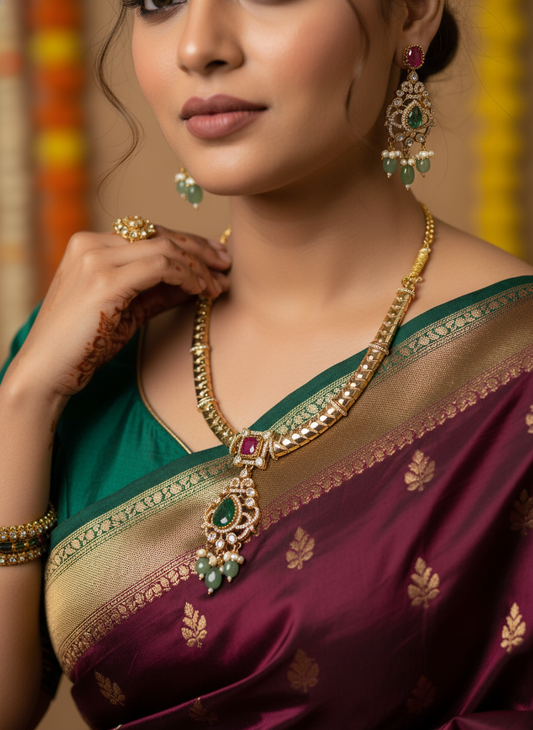 Traditional Ruby & Emerald Statement Pendant Necklace Set | Green Pearl Drop Earrings | Luxurious Festive Jewelry