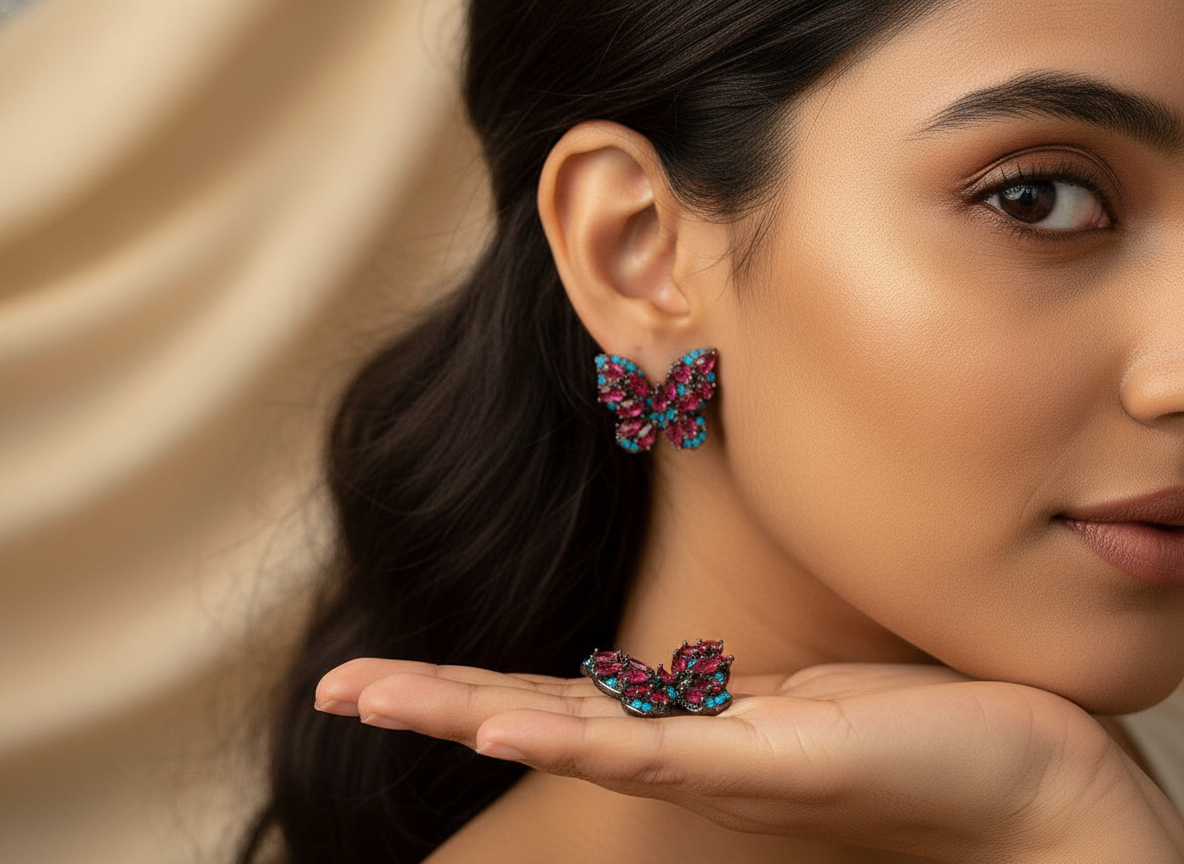 Vibrant Butterfly Gemstone Stud Earrings | Pink & Turquoise Pavé Design | Unique Statement Jewelry