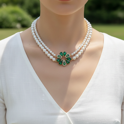 Double Strand Pearl Necklace with Colorful Crystal Pendant