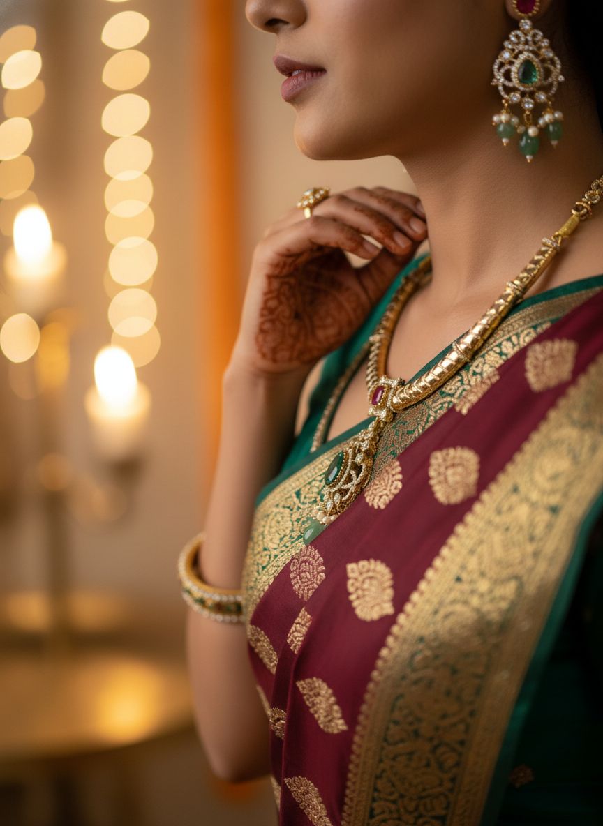 Traditional Ruby & Emerald Statement Pendant Necklace Set | Green Pearl Drop Earrings | Luxurious Festive Jewelry