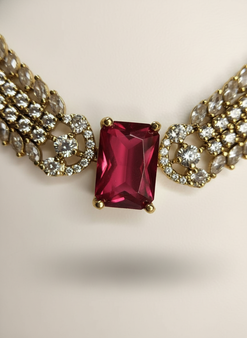 Luxury Ruby Pink CZ Tennis Necklace & Pave Crystal Set | Gold-Tone Festive Statement Jewelry