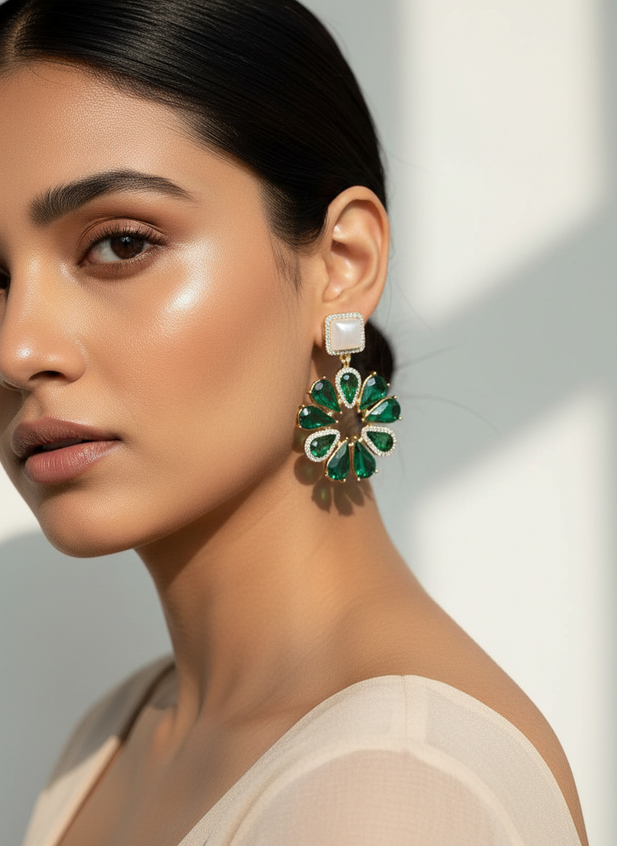 Elegant Emerald Green Crystal Dangle Earrings with Pearl Top