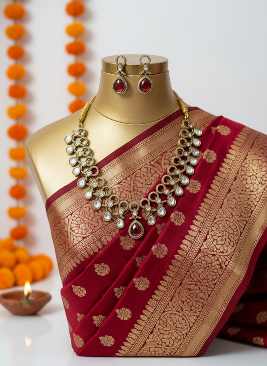 Ruby Red Kundan Style Necklace and Earring Set.