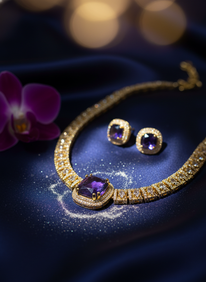 Traditional Ruby & Emerald CZ Link Necklace Set | Gold-Tone Festive Statement Jewelry with Matching Stud Earrings