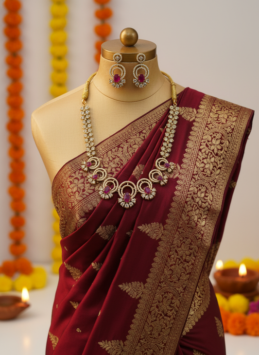 Elegant Ruby AD Gold Plated Necklace & Earring Set