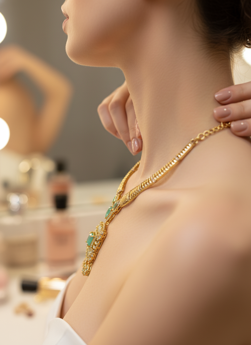 Elegant Mint Green/Aquamarine CZ Link Necklace & Earring Set | Gold-Tone Modern Festive Jewelry