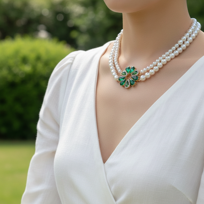 Double Strand Pearl Necklace with Colorful Crystal Pendant