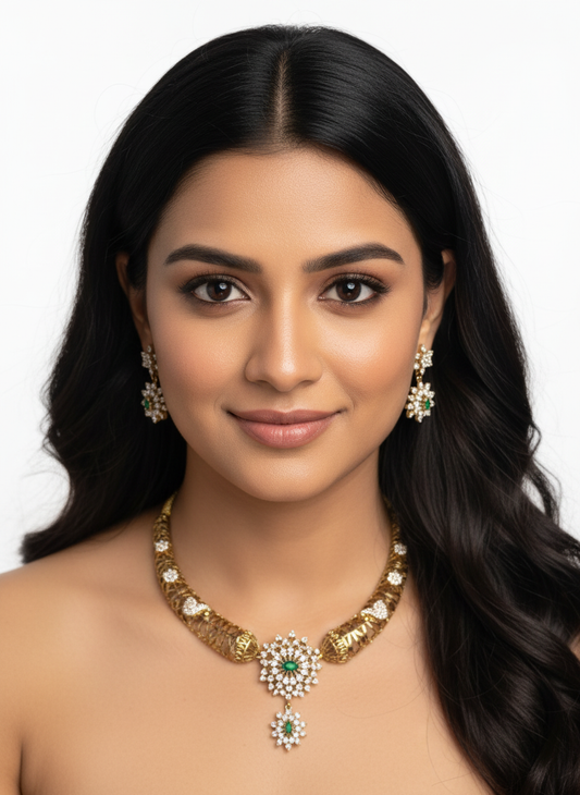 Gold Plated Mesh Collar Necklace Set – American Diamond Floral Pendant with Green Stone Accents