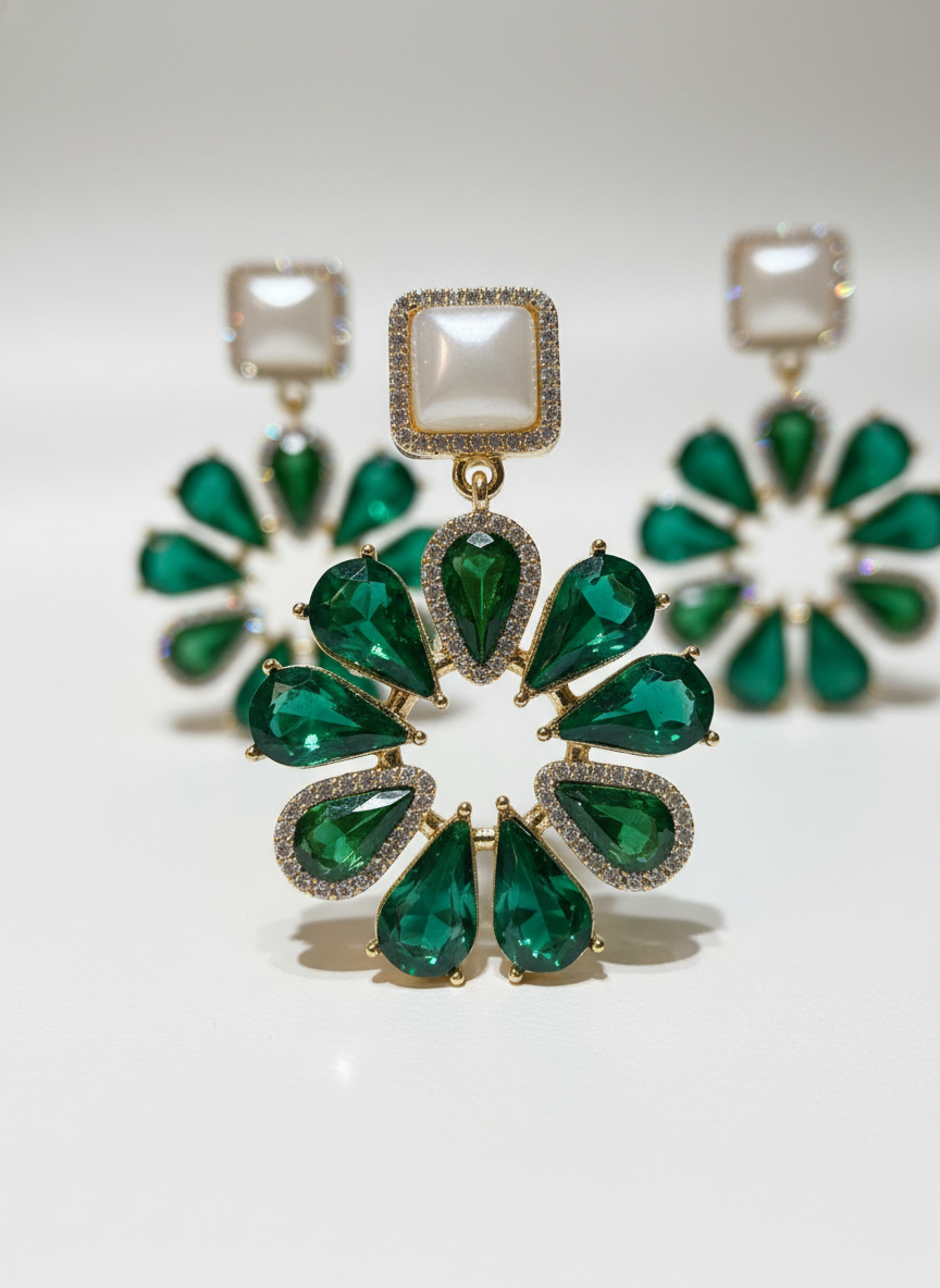 Elegant Emerald Green Crystal Dangle Earrings with Pearl Top