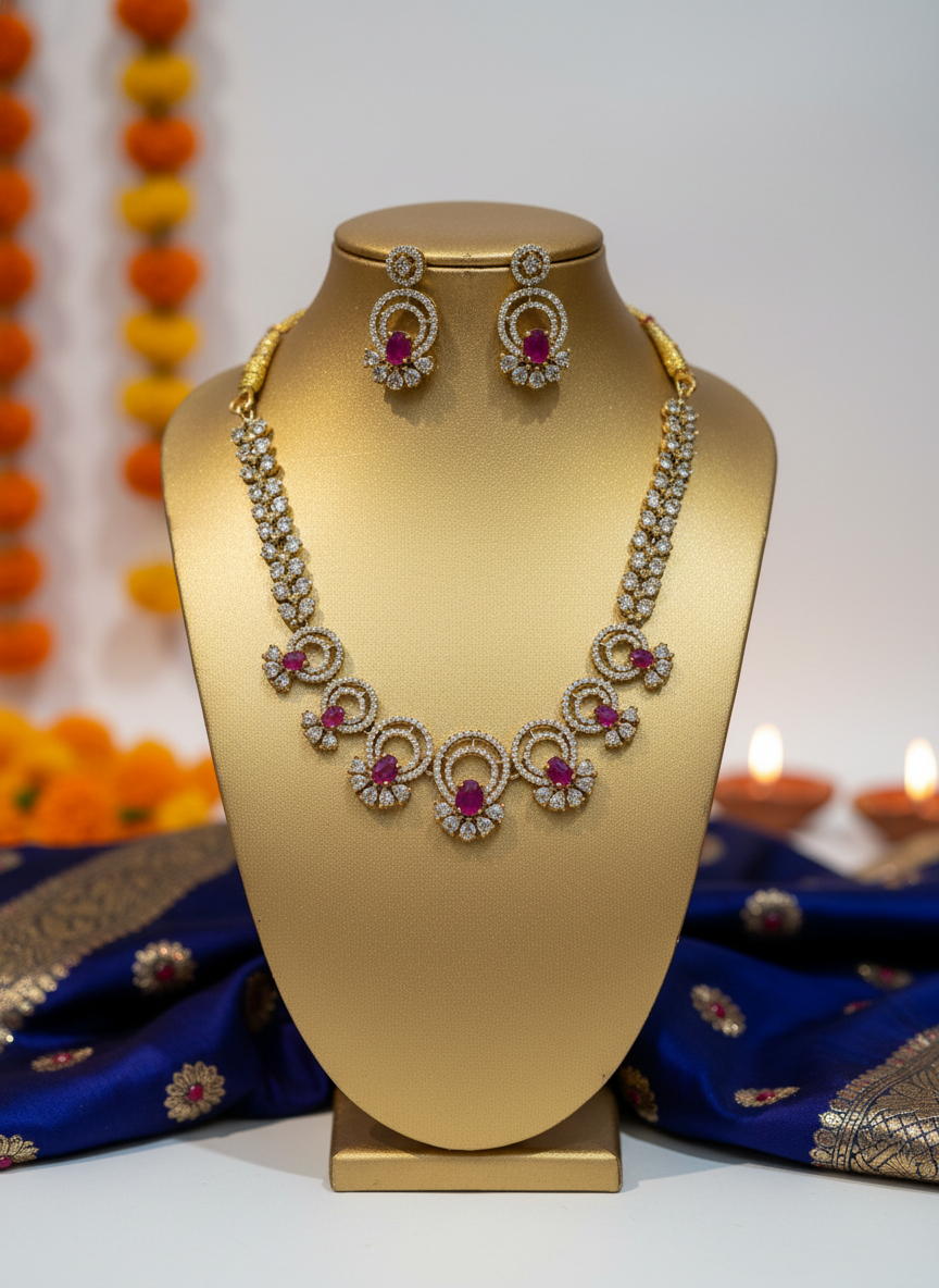 Elegant Ruby AD Gold Plated Necklace & Earring Set