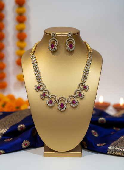 Elegant Ruby AD Gold Plated Necklace & Earring Set