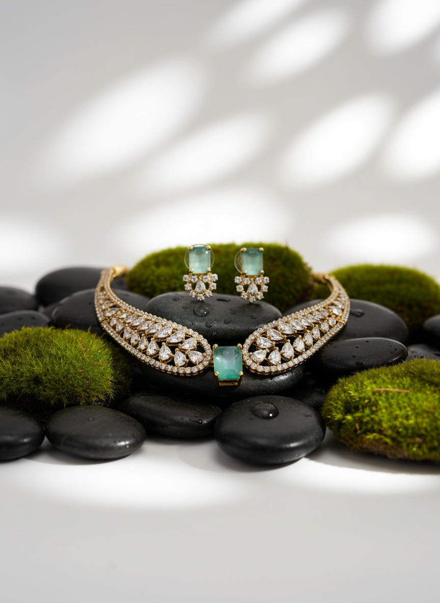 Mint Green American Diamond (AD) Necklace Set – Gold Plated Crystal Leaf Collar Necklace for Wedding & Party