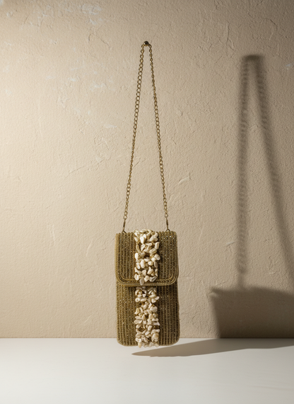 Elegant Gold Beaded & Pearl Shell Evening Mobile Clutch Bag