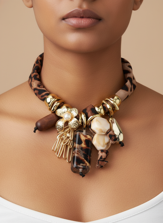 Boho Chic Leopard Print Fabric & Charm Statement Necklace