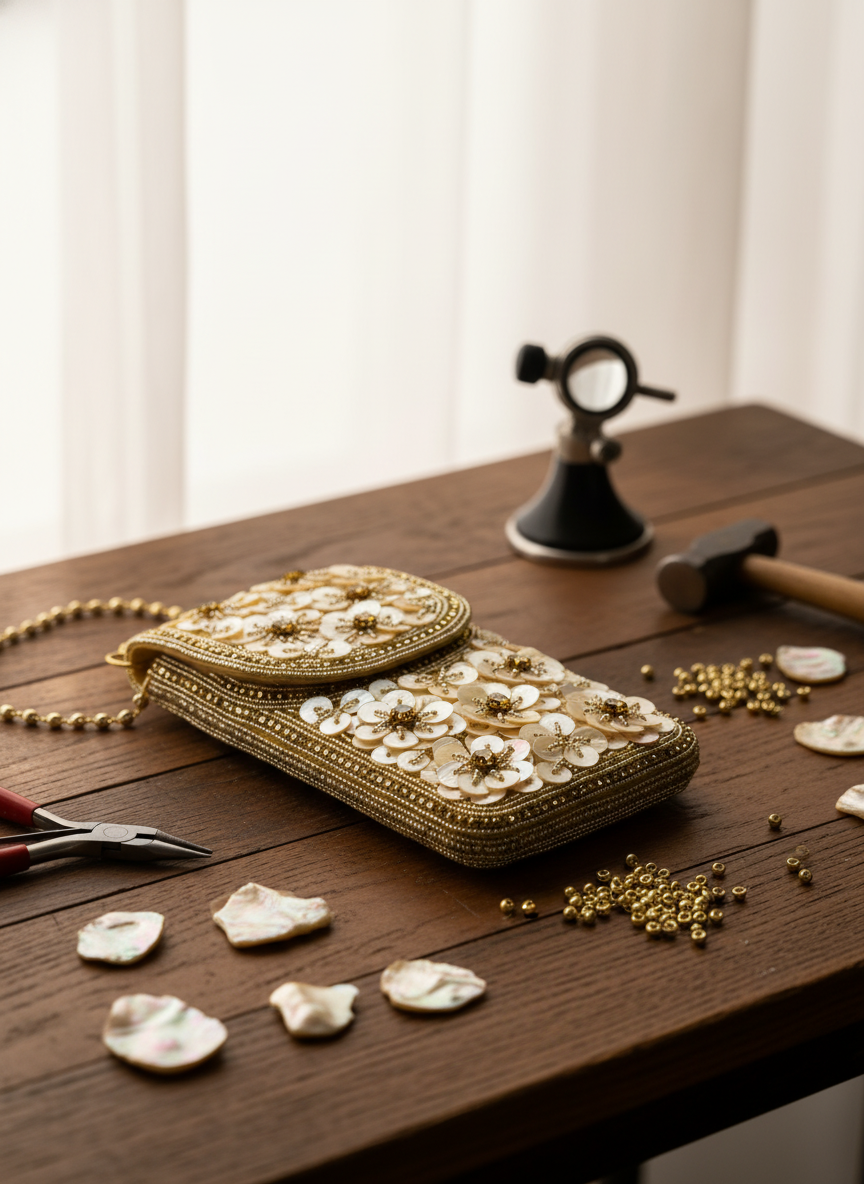 Decorative handbag with floral embellishments on a wooden table with tools and materials.