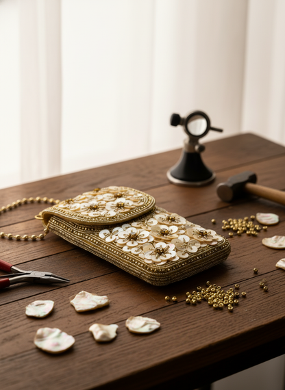Decorative handbag with floral embellishments on a wooden table with tools and materials.