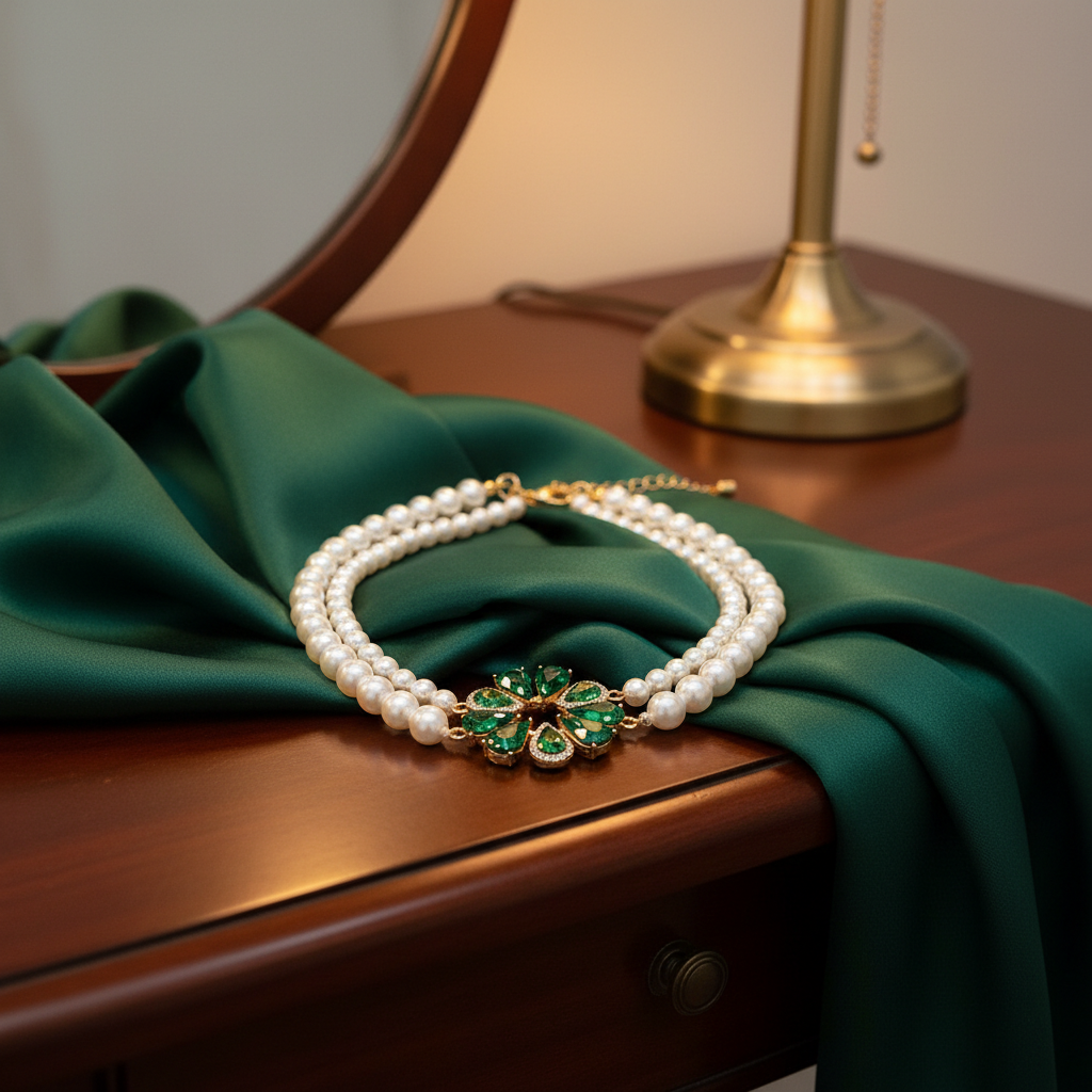 Double Strand Pearl Necklace with Colorful Crystal Pendant