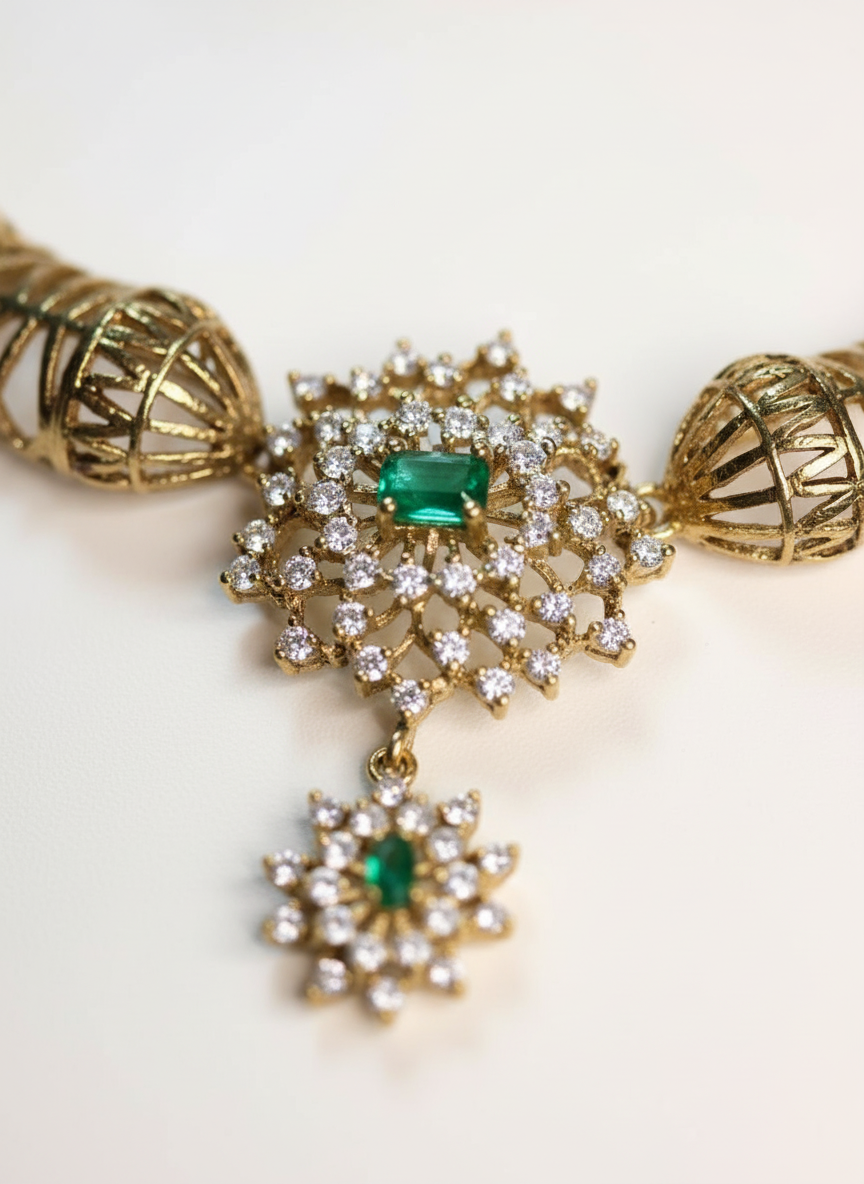Gold Plated Mesh Collar Necklace Set – American Diamond Floral Pendant with Green Stone Accents