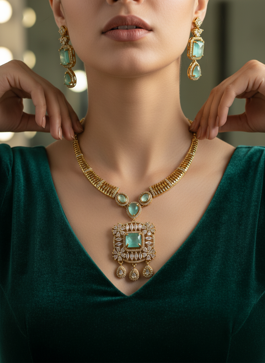 Elegant Mint Green/Aquamarine CZ Link Necklace & Earring Set | Gold-Tone Modern Festive Jewelry