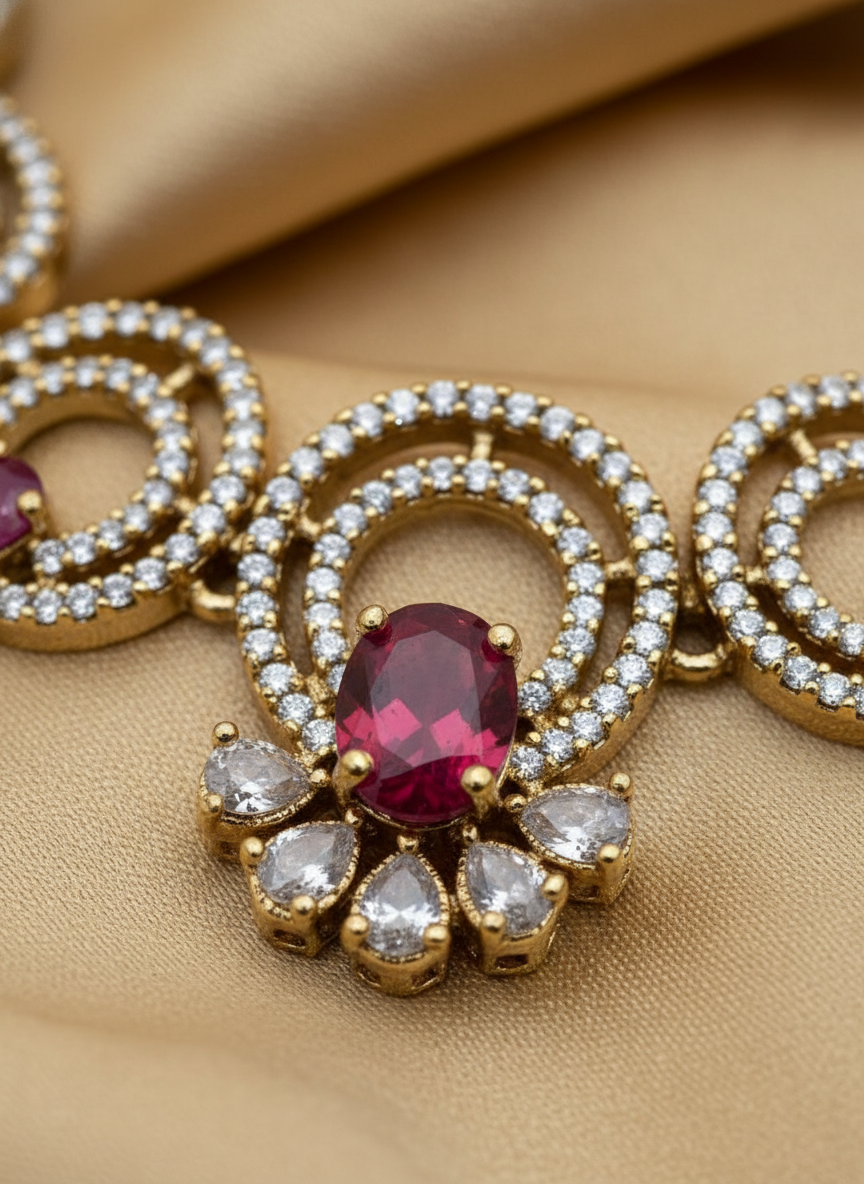 Elegant Ruby AD Gold Plated Necklace & Earring Set