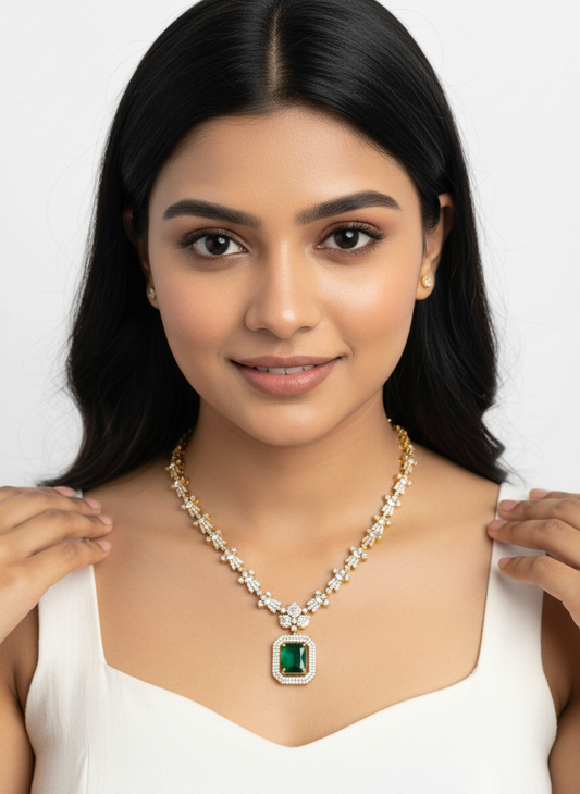 Emerald Green American Diamond Pendant Necklace Set – Gold Plated Rectangular Stone Jewelry for Evening Wear