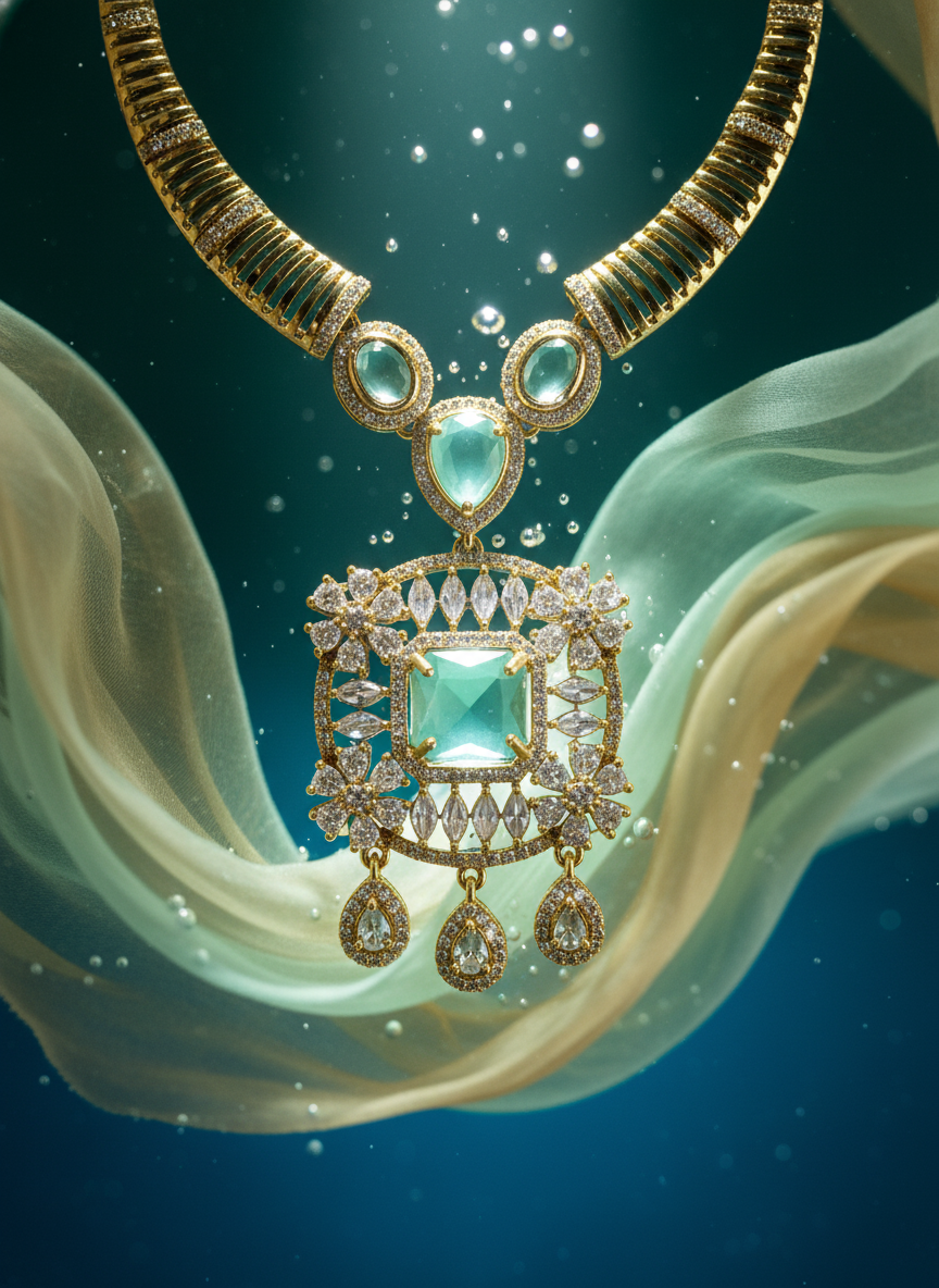 Elegant Mint Green/Aquamarine CZ Link Necklace & Earring Set | Gold-Tone Modern Festive Jewelry