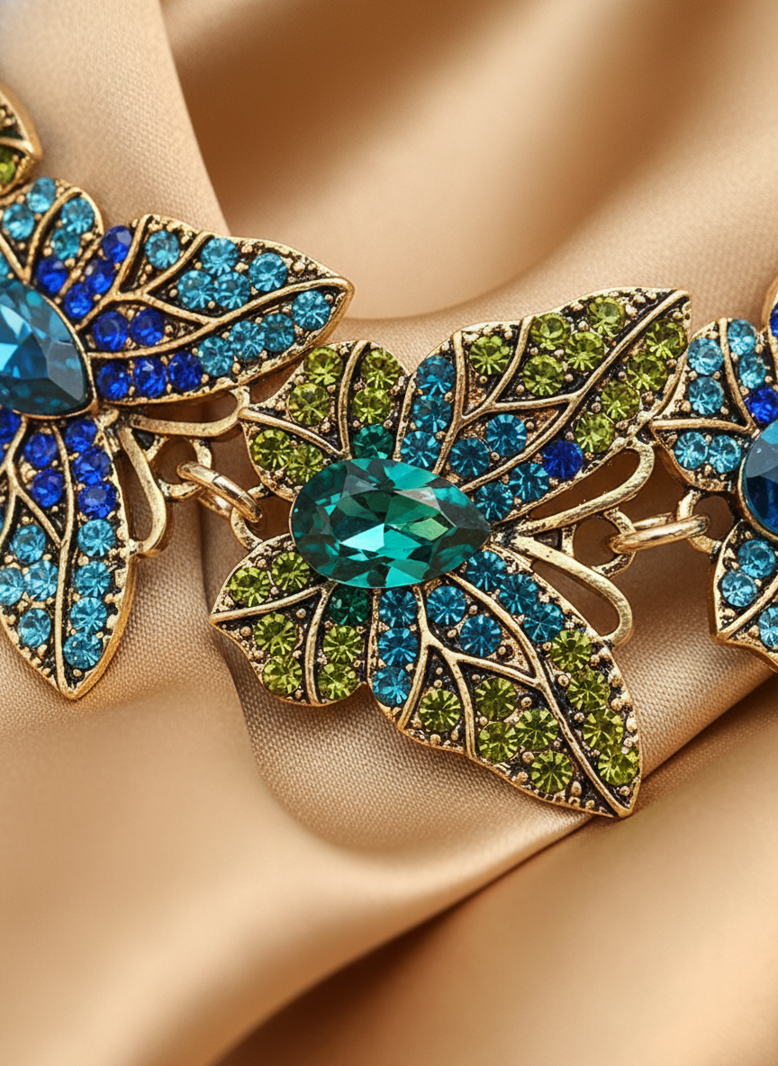 Vibrant Blue & Green Crystal Butterfly Choker Necklace