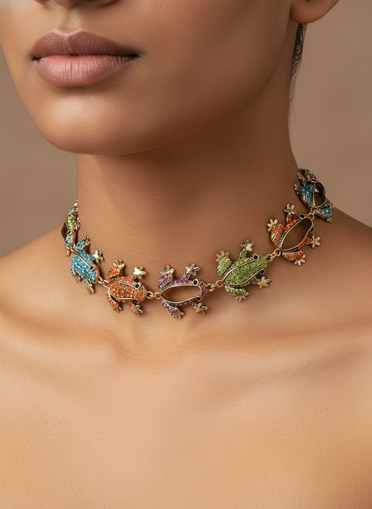 Multi-Color Crystal Frog Statement Necklace | Whimsical Animal Jewelry