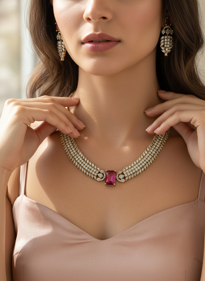 Luxury Ruby Pink CZ Tennis Necklace & Pave Crystal Set | Gold-Tone Festive Statement Jewelry