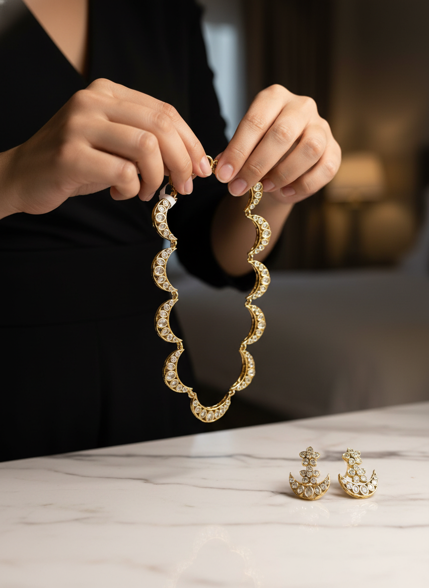 Elegant Gold Crescent Link Necklace Set | Uncut Stone Look (Polki/Kundan Style) & Matching Stud Earrings | Festive Jewelry