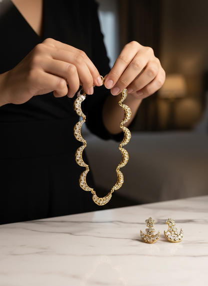Elegant Gold Crescent Link Necklace Set | Uncut Stone Look (Polki/Kundan Style) & Matching Stud Earrings | Festive Jewelry