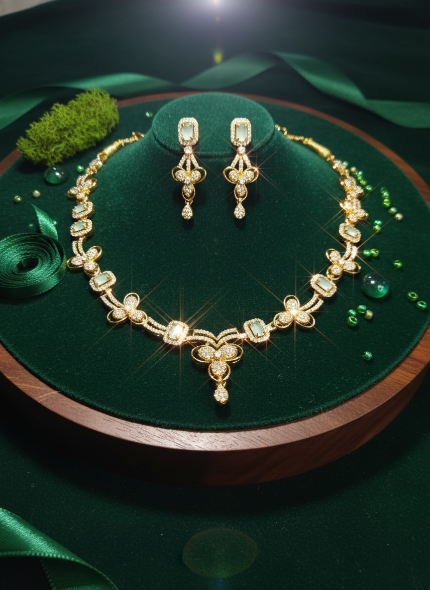 Statement Mint Green CZ & Gold-Tone Choker Set | Wide Textured Necklace & Matching Drop Earrings | Modern Festive Wear