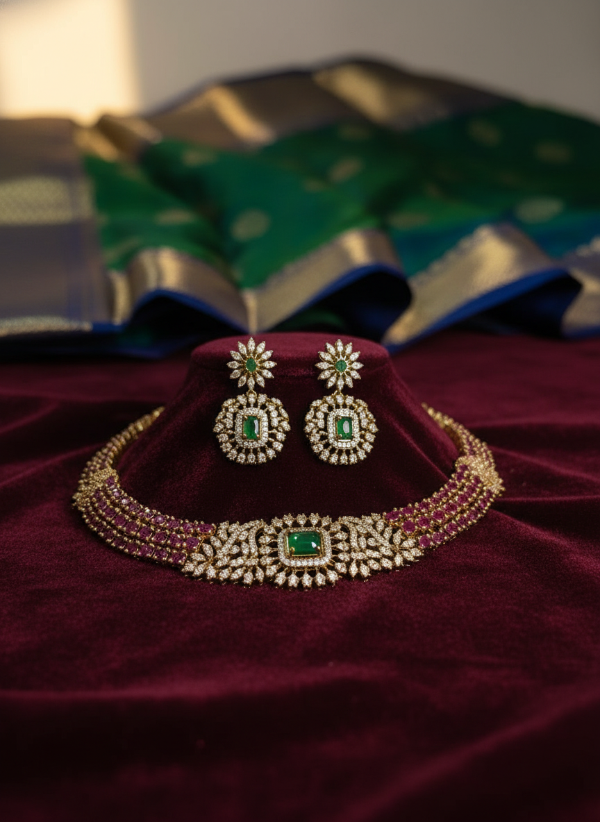 Royal Ruby & Emerald CZ Necklace Set | Gold-Plated American Diamond Bridal Jewelry