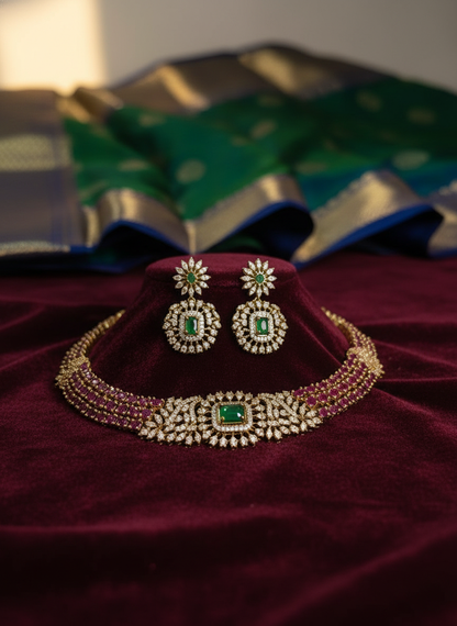 Royal Ruby & Emerald CZ Necklace Set | Gold-Plated American Diamond Bridal Jewelry
