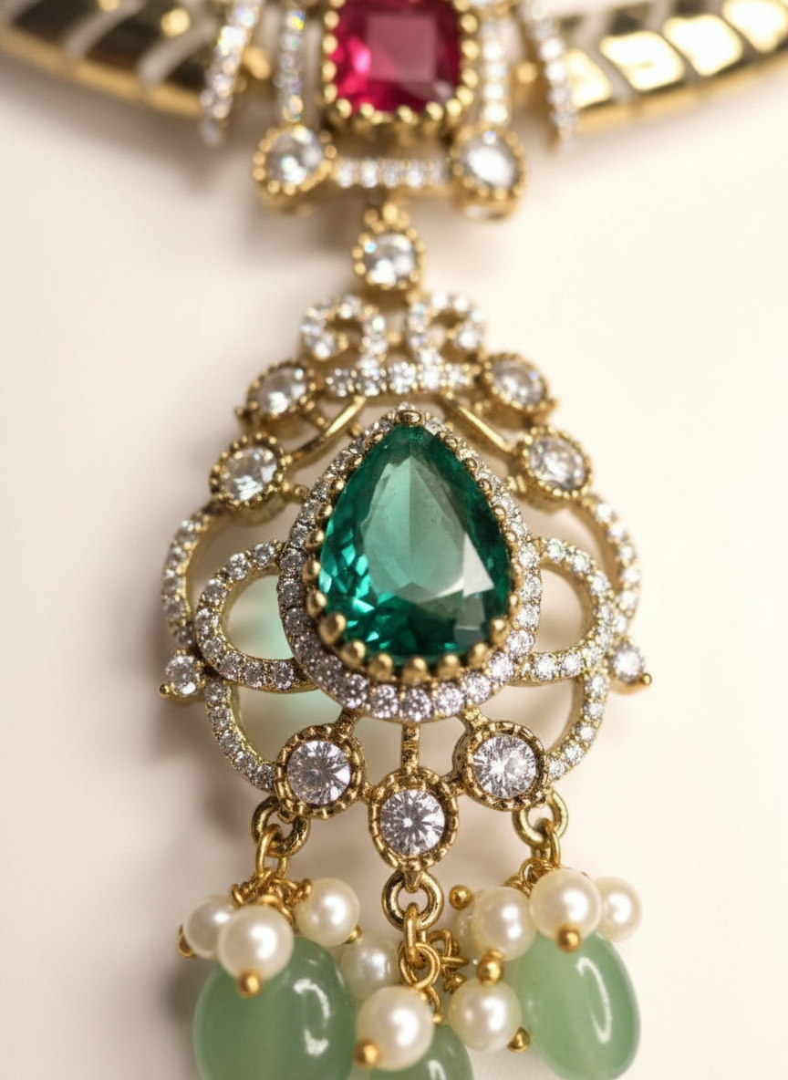 Traditional Ruby & Emerald Statement Pendant Necklace Set | Green Pearl Drop Earrings | Luxurious Festive Jewelry