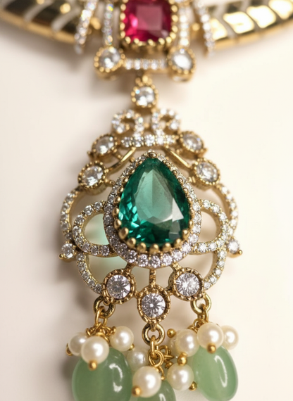 Traditional Ruby & Emerald Statement Pendant Necklace Set | Green Pearl Drop Earrings | Luxurious Festive Jewelry