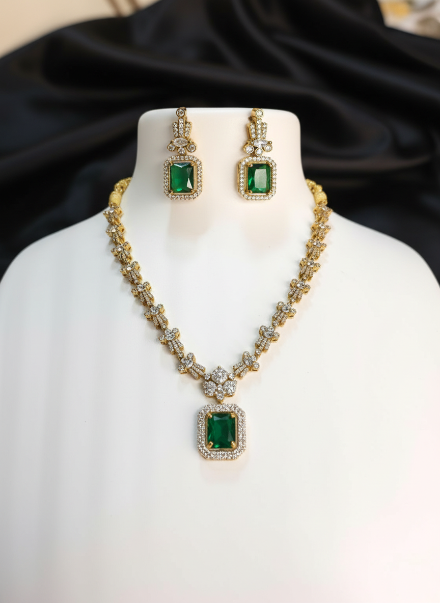Emerald Green American Diamond Pendant Necklace Set – Gold Plated Rectangular Stone Jewelry for Evening Wear