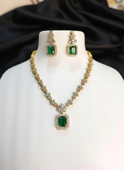 Emerald Green American Diamond Pendant Necklace Set – Gold Plated Rectangular Stone Jewelry for Evening Wear