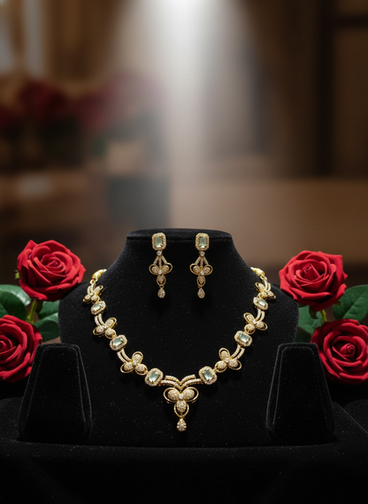 Statement Mint Green CZ & Gold-Tone Choker Set | Wide Textured Necklace & Matching Drop Earrings | Modern Festive Wear