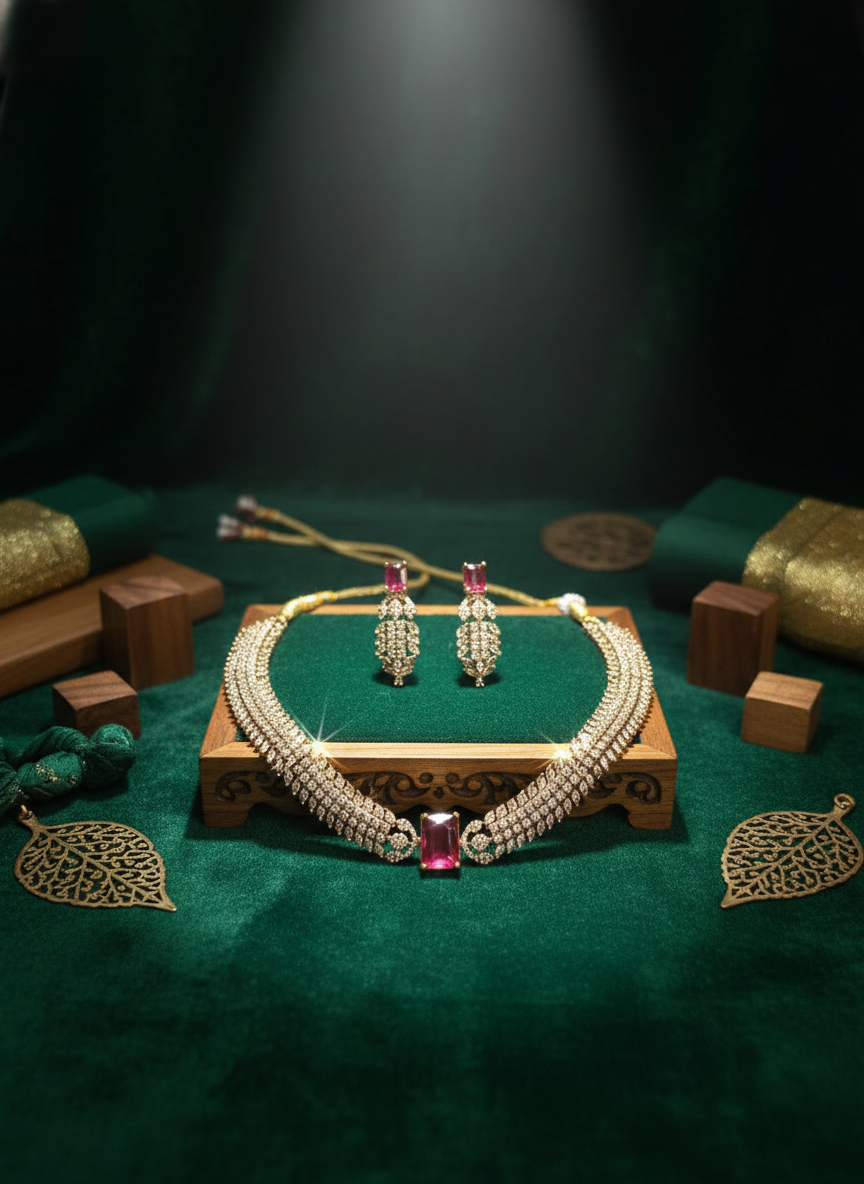 Luxury Ruby Pink CZ Tennis Necklace & Pave Crystal Set | Gold-Tone Festive Statement Jewelry