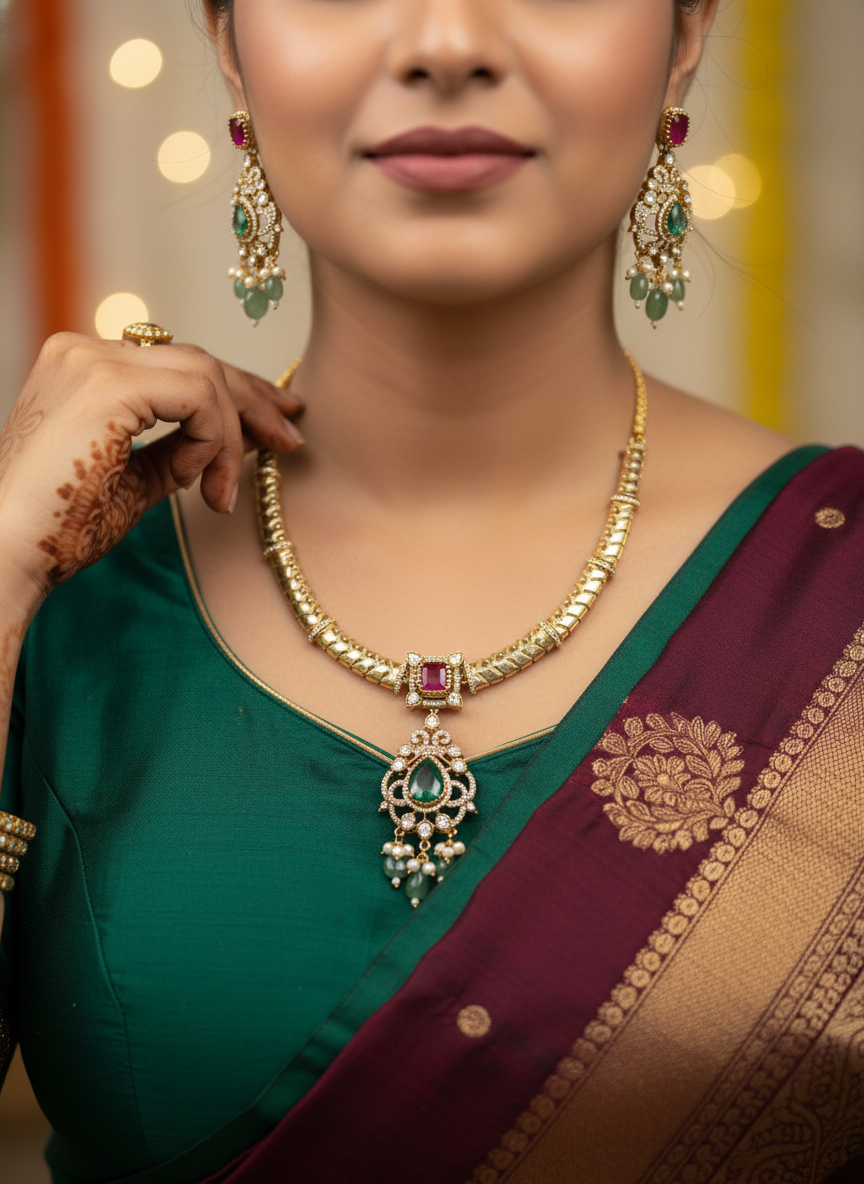 Traditional Ruby & Emerald Statement Pendant Necklace Set | Green Pearl Drop Earrings | Luxurious Festive Jewelry