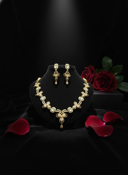 Statement Mint Green CZ & Gold-Tone Choker Set | Wide Textured Necklace & Matching Drop Earrings | Modern Festive Wear